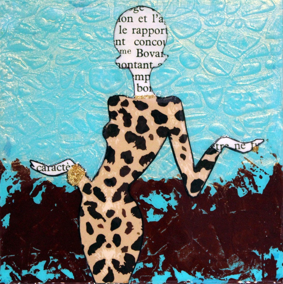 Mademoiselle Meow - Mixed Media Acrylic Collage Art on Wood Panel 8 x 8 x 2