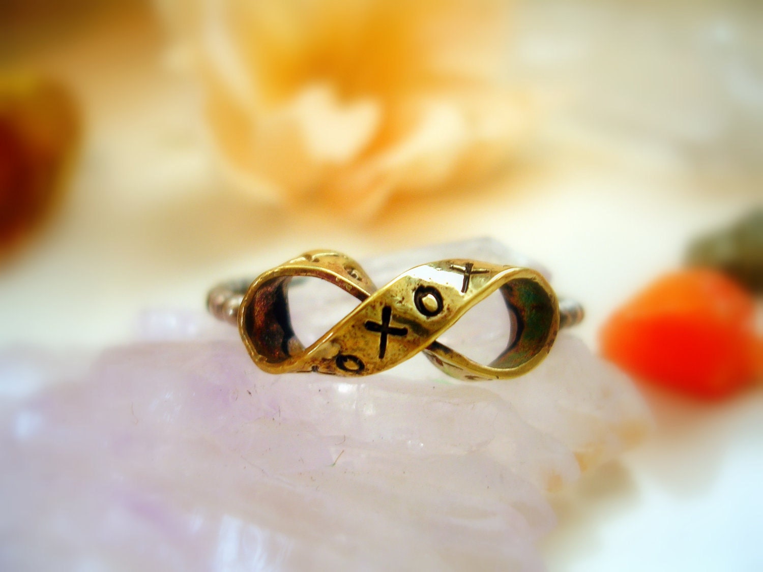 Infinity Ring xoxo Brass Ribbon Infinity symbol Sterling Silver Beaded Ring - made to order in your finger size