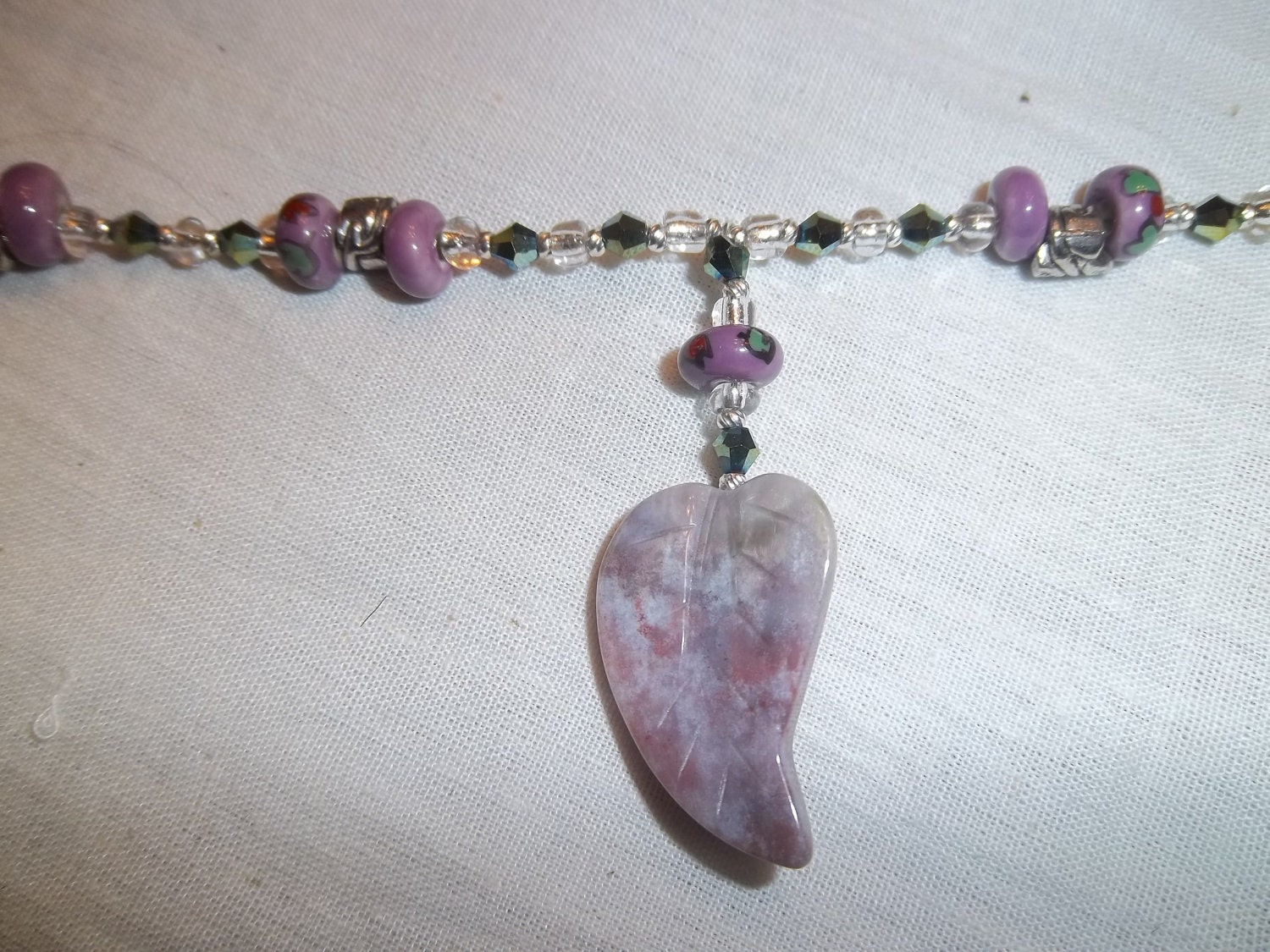 Healing Leaf Necklace OOAK Rhodonite, Glass, Silver Beaded