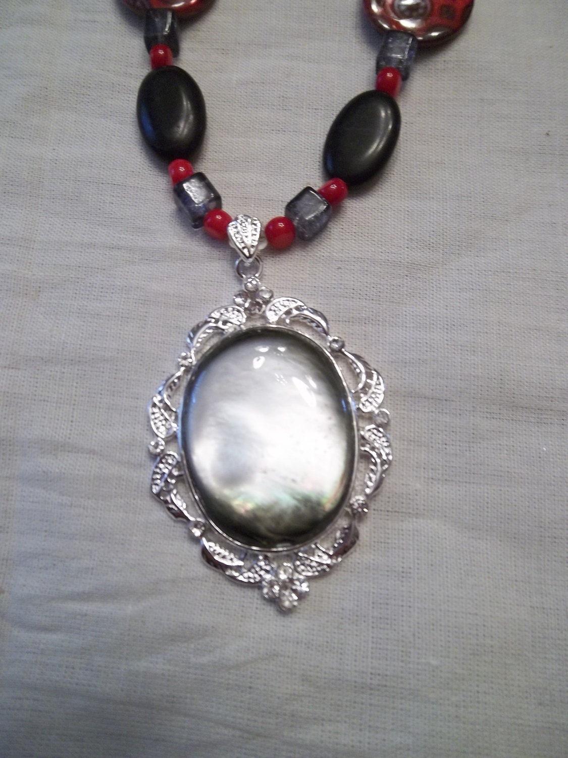 Mirror Mirror on the Wall Red Grey Black Foulard Choker Necklace OOAK Shell, Glass, Stone, Coral