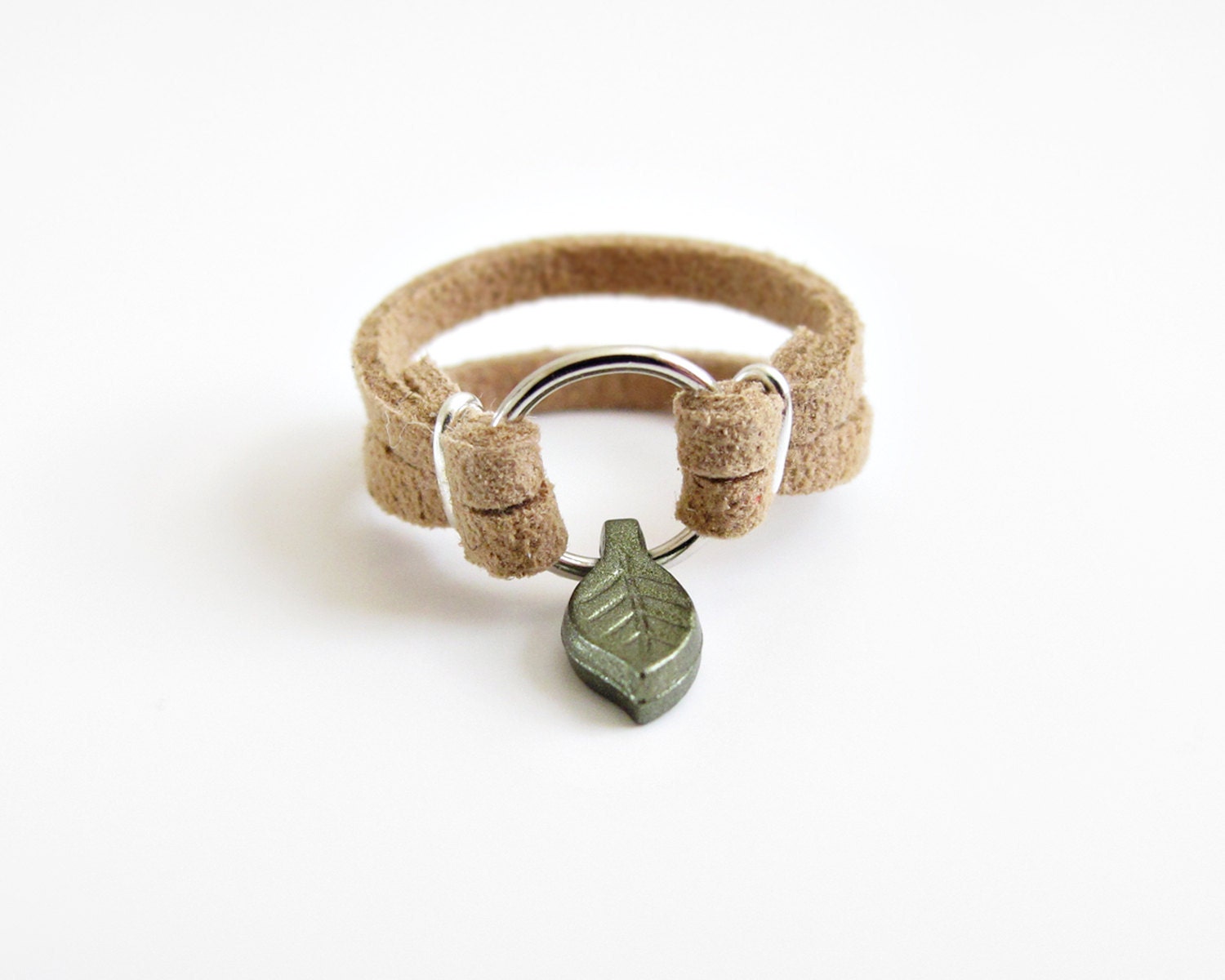 Leather Ring with Leaf Charm - Choose Your Color