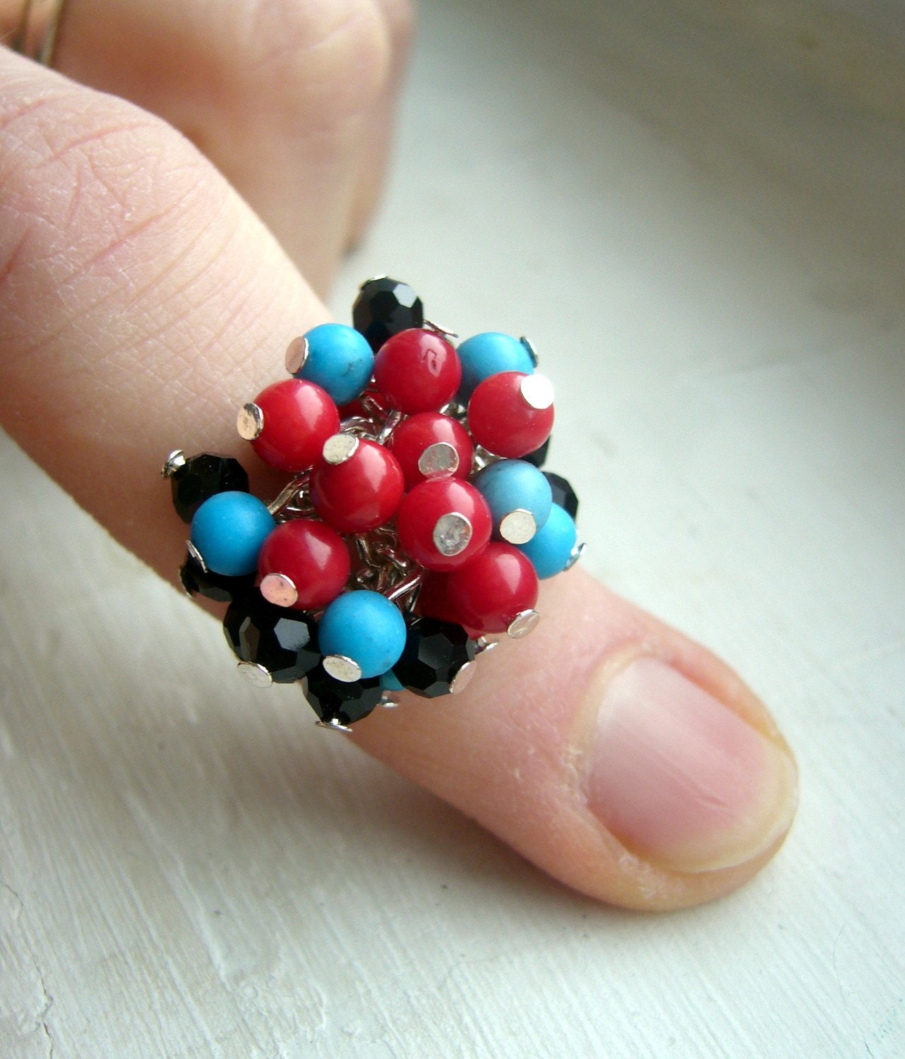SALE Red Turquoise and Black Cocktail Ring - VickyVK SALE Red Turquoise and Black Cocktail Ring - VickyVK