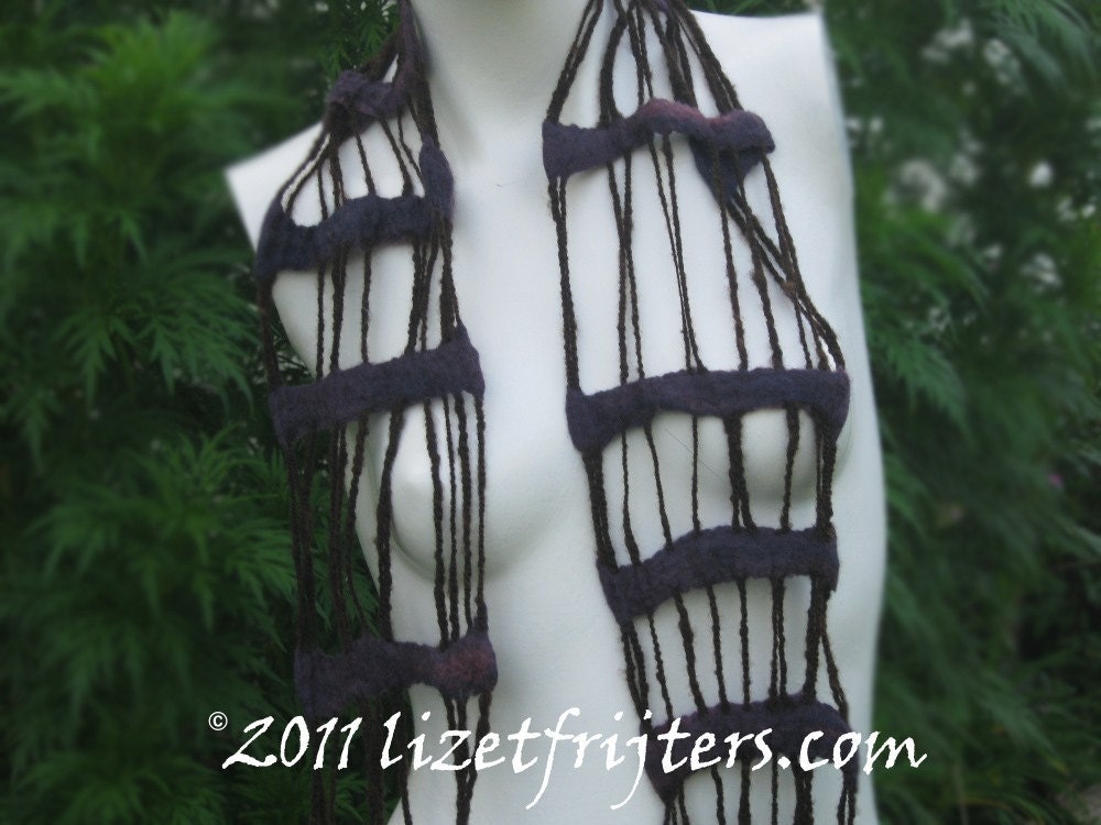 SALE - Hippy Felted Summer Scarf - Headband - Tribal Threads in Dark Brown and Purple