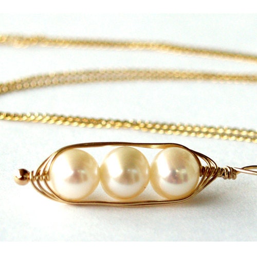 pea pod necklace with 3 peas, gold filled, Mother's Day Jewelry