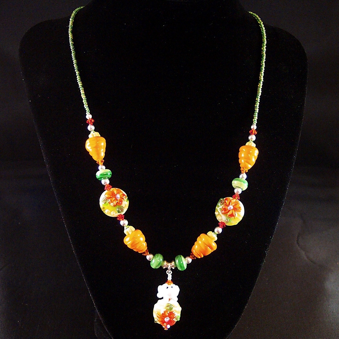 Lampwork Glass Necklace & Earring Set: Rabbit in the Garden
