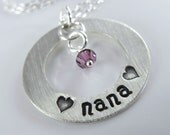 Lots of Love Nana Necklace - 1" Hand Stamped Personalized Sterling Silver Donut, Swarovski Birthstone Crystals