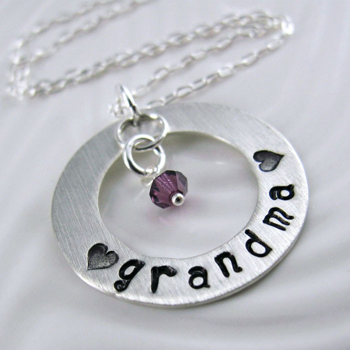Lots of Love Grandma Necklace - 1" Hand Stamped Personalized Sterling Silver Donut, Swarovski Birthstone Crystals