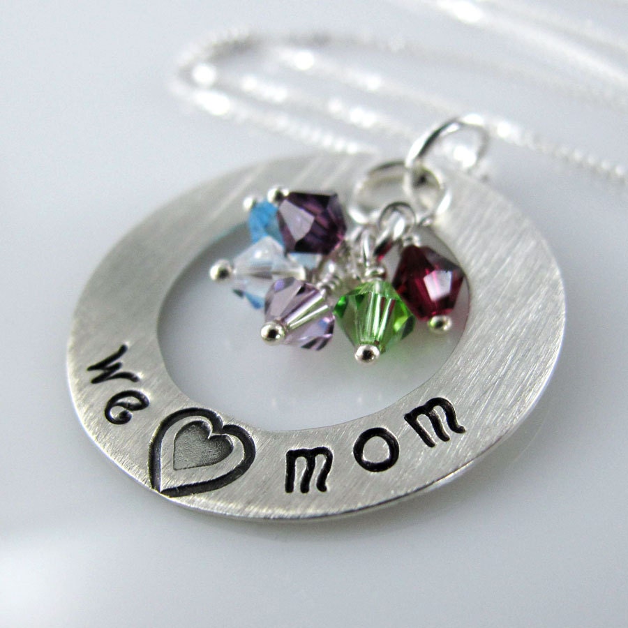We Love Mom Necklace -  1" Hand Stamped Personalized Sterling Silver Donut, Swarovski Birthstone Crystals
