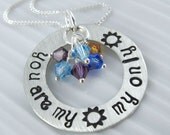 You are my Sunshine, My Only Sunshine Necklace - 1" Hand Stamped Personalized Sterling Silver Donut, Swarovski Birthstone Crystals