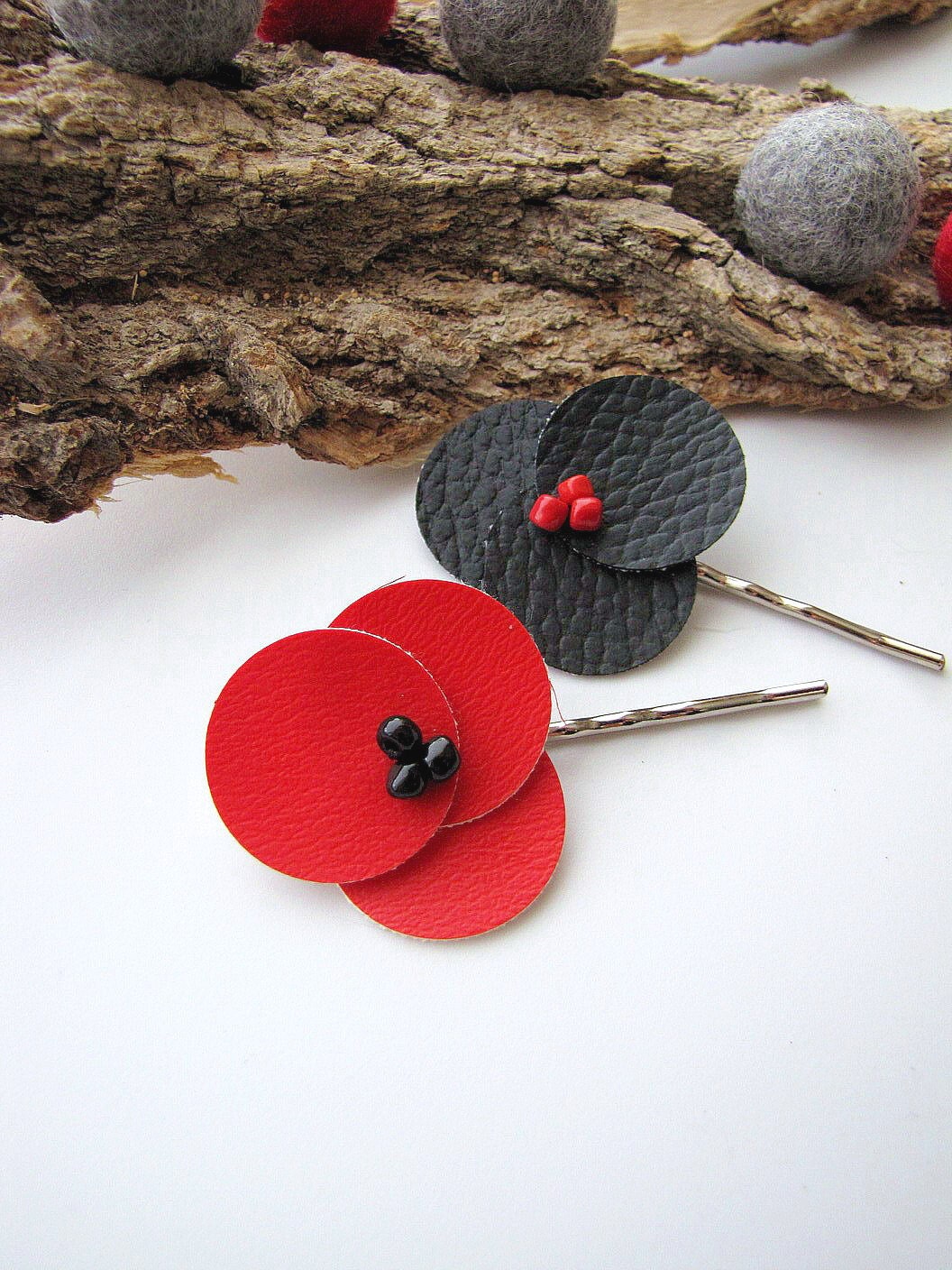 Handmade bobby pin with faux leather flowers ( set of 2 pcs) - RED and BLACK POSIES