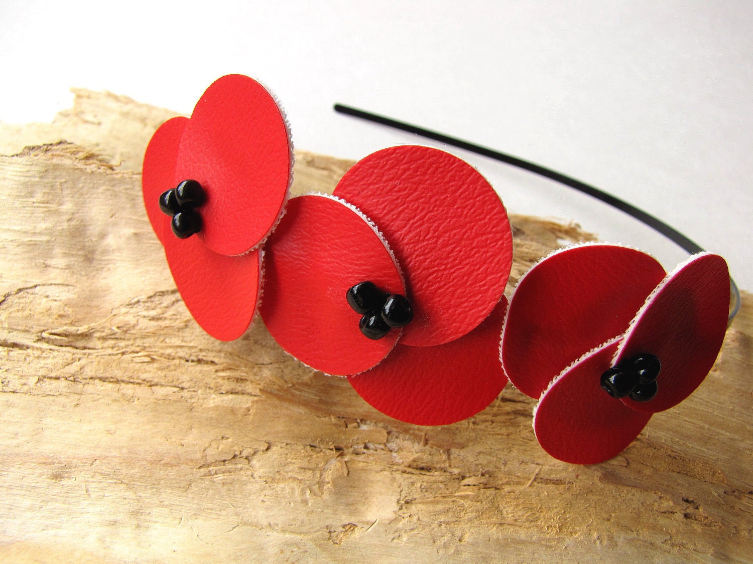 Handmade headband with faux leather flowers - RED POSY MEADOW