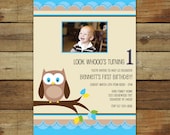 owl birthday party invitation, photo card, Look whooo's one