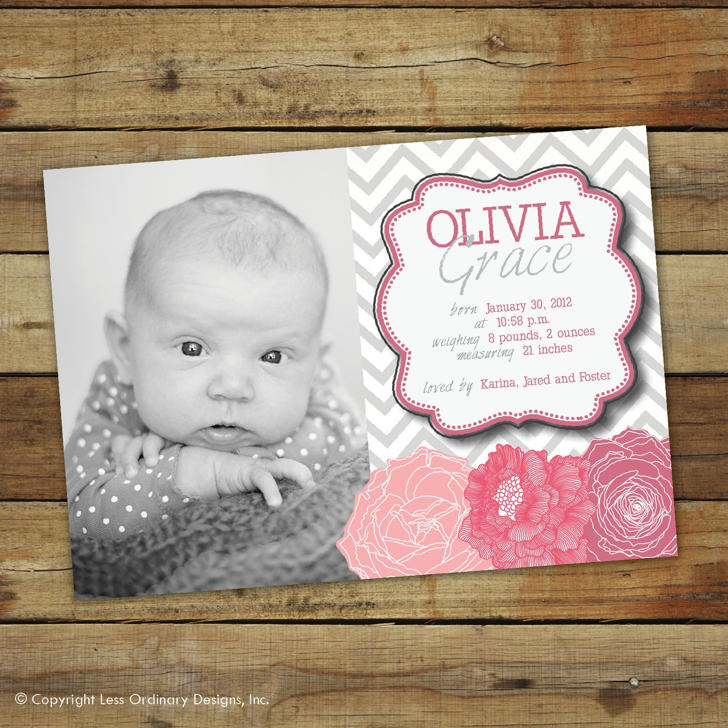 baby girl birth announcement photo card, chevron and flowers
