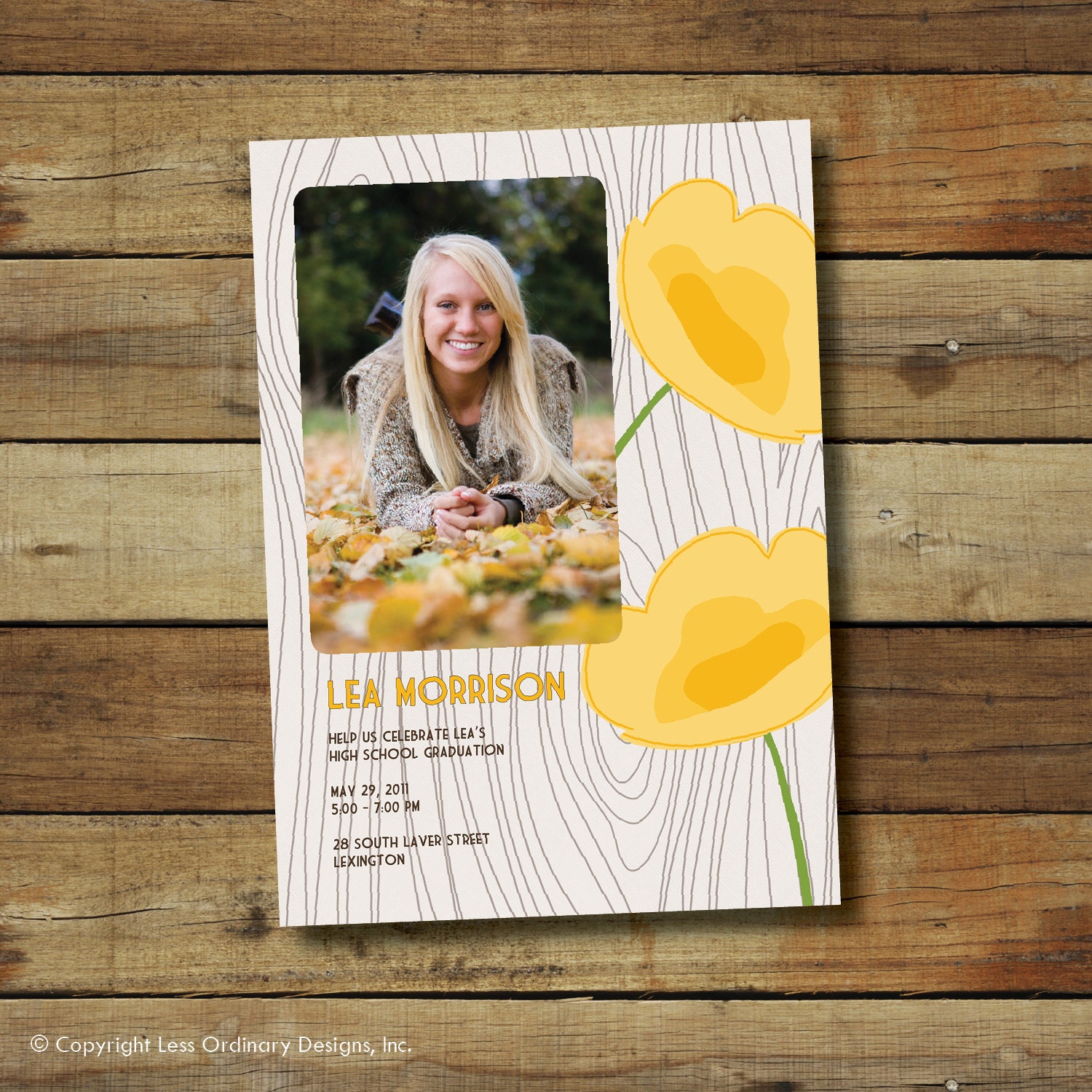 Photo graduation announcement card, graduation party invitation, yellow poppy