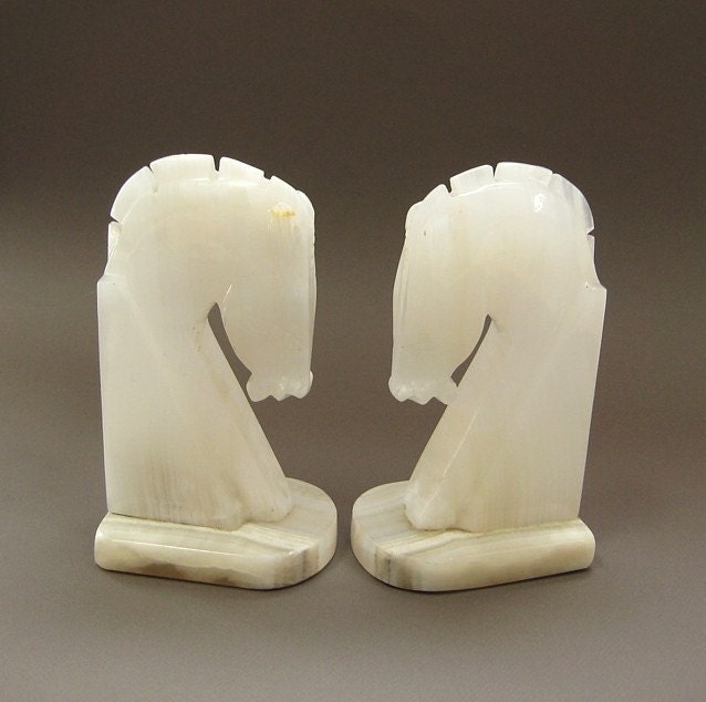 Horse Head Bookends - 1960s Vintage White Marble Pair - Hand Carved