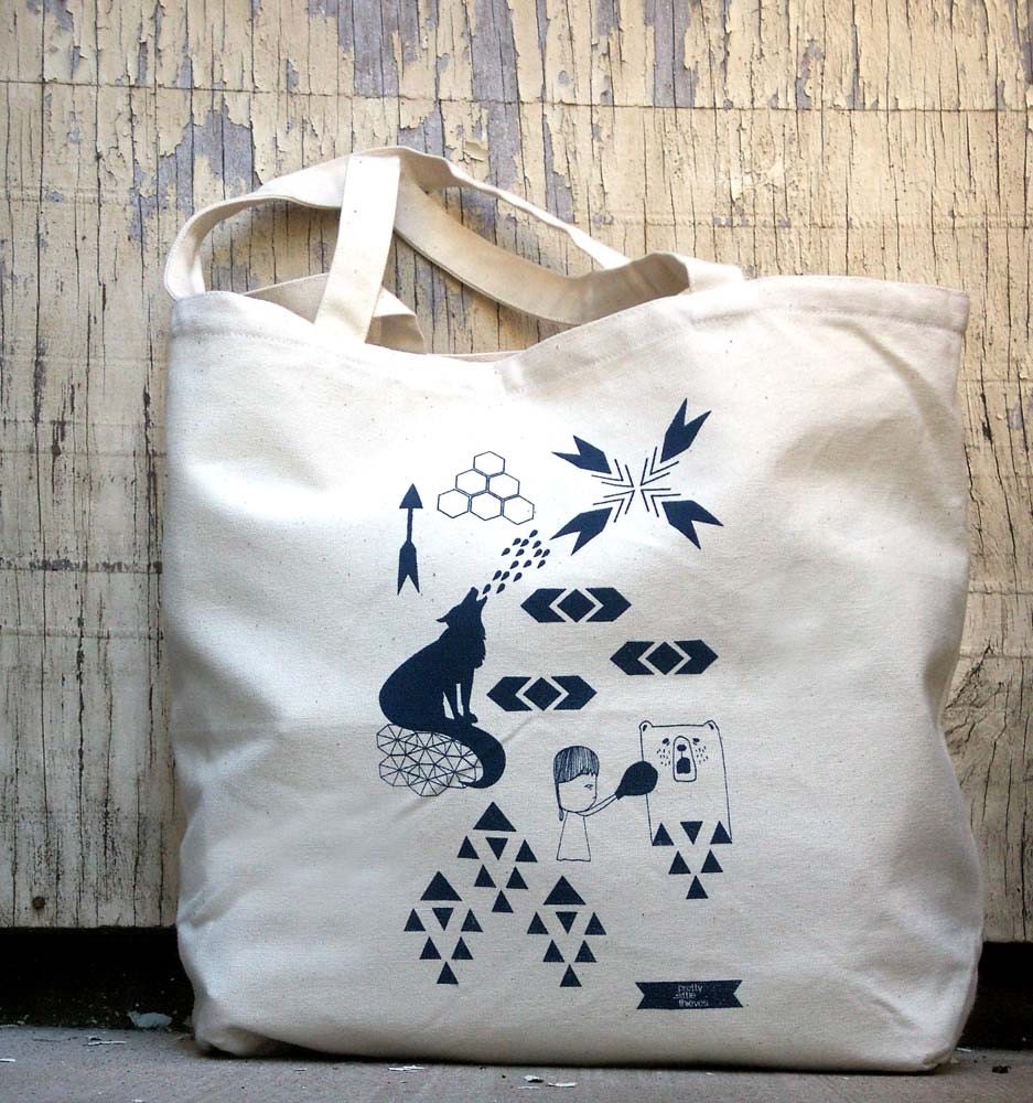 screen printed tote bag market shopper bear and wolf LAST ONE