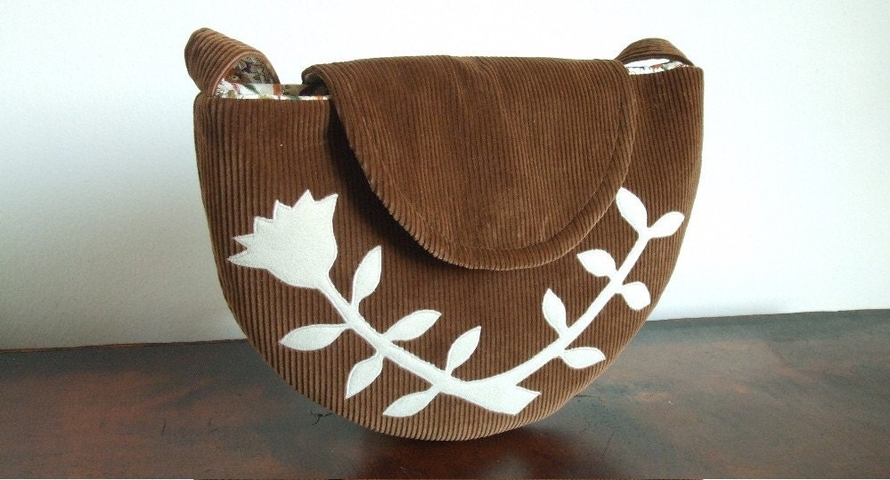 SRING SALE...The Semi-Circle Purse in Corduroy with a Bell Flower Applique