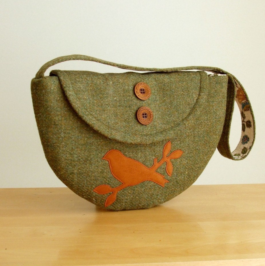 SALE Harris Tweed Purse Semi-Circle Design with Bird Applique - One of a Kind Bag