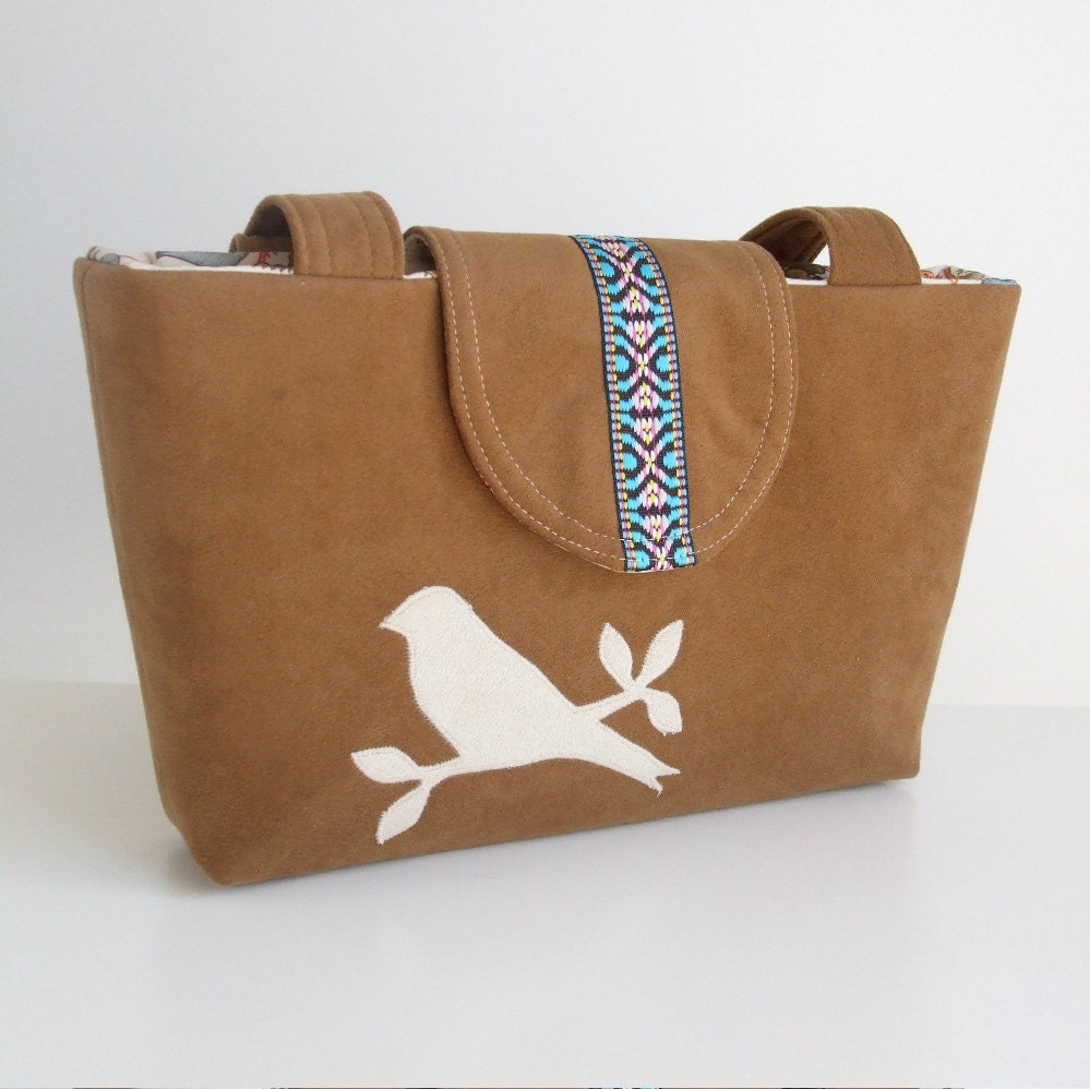 SALE Handmade Bird Applique and Southwestern Style Trim - Faux Suede Bag - Vegan Purse