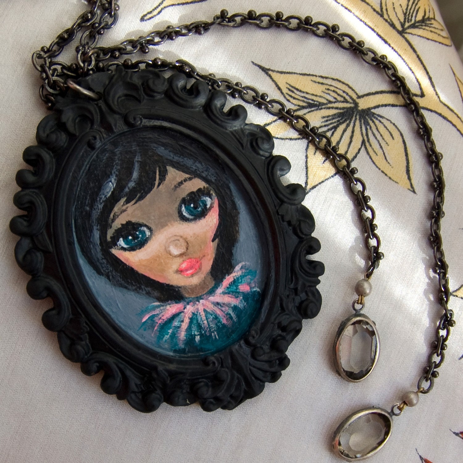 big eyed handpainted necklace. cute cameo art pendant by elfmadchen.