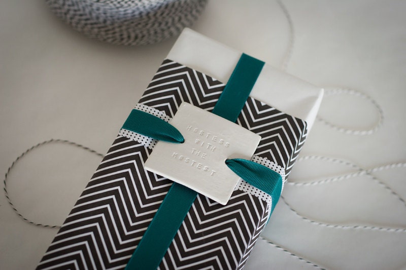 HOSTESS with the MOSTEST : Large Square White Hostess Gift Tag Double Button Hole (quantity 4)
