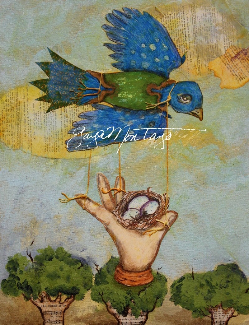 Bluebird Of Happiness  BIRD In THE Hand 5 X 7 Art print of an Original Collage Spiritual Relious Song