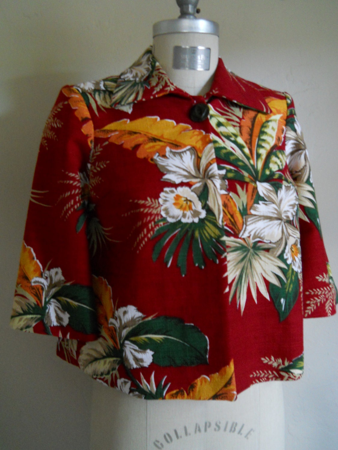 Retro 50s Tropical Hawaiian Barkcloth Hip Swing Jacket Small