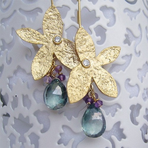Topaz Earrings, Gold Earrings, Purple Violet Earrings, Green Earrings, Green Topaz Jewelry, Cluster Cascade Earrings,Gemstone Jewelry