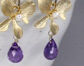 Purple Amethyst Gold orchid Flower Long Earrings, Purple Earrings, Grape Plum, Feminine, Elegant, Blossoms,Simple Earrings