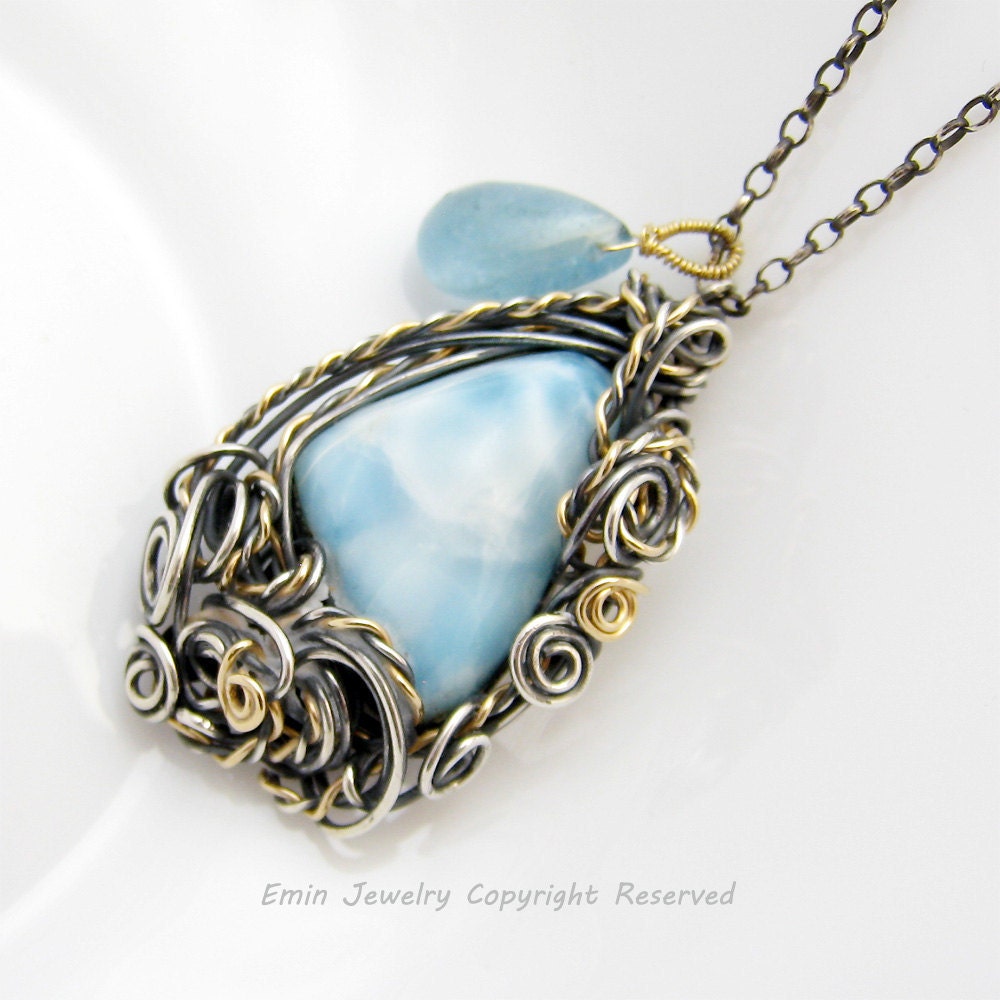Antique Wire Wrapped Larimar Blue Aquamarine Pendant Necklace