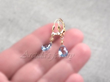 14K solid gold earrings sky blue Topaz and golden yellow Citrine - Women spring summer fashion pale blue luxury gemstone trends simple minimalism Bohemian Shabby chic - Calypso - Free Worldwide shipping - Made to Order