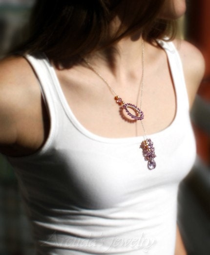SALE Amethyst jewelry lariat necklace Amethyst pearls sterling silver wire wrapped gemstone necklace - purple lilac violet pink - Violante