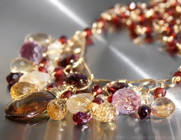 Gemstone jewelry gemstone necklace Citrine Cognac Quartz golden Rutile Quartz Garnet necklace burgundy red gold Garnet jewelry oht - Aurora