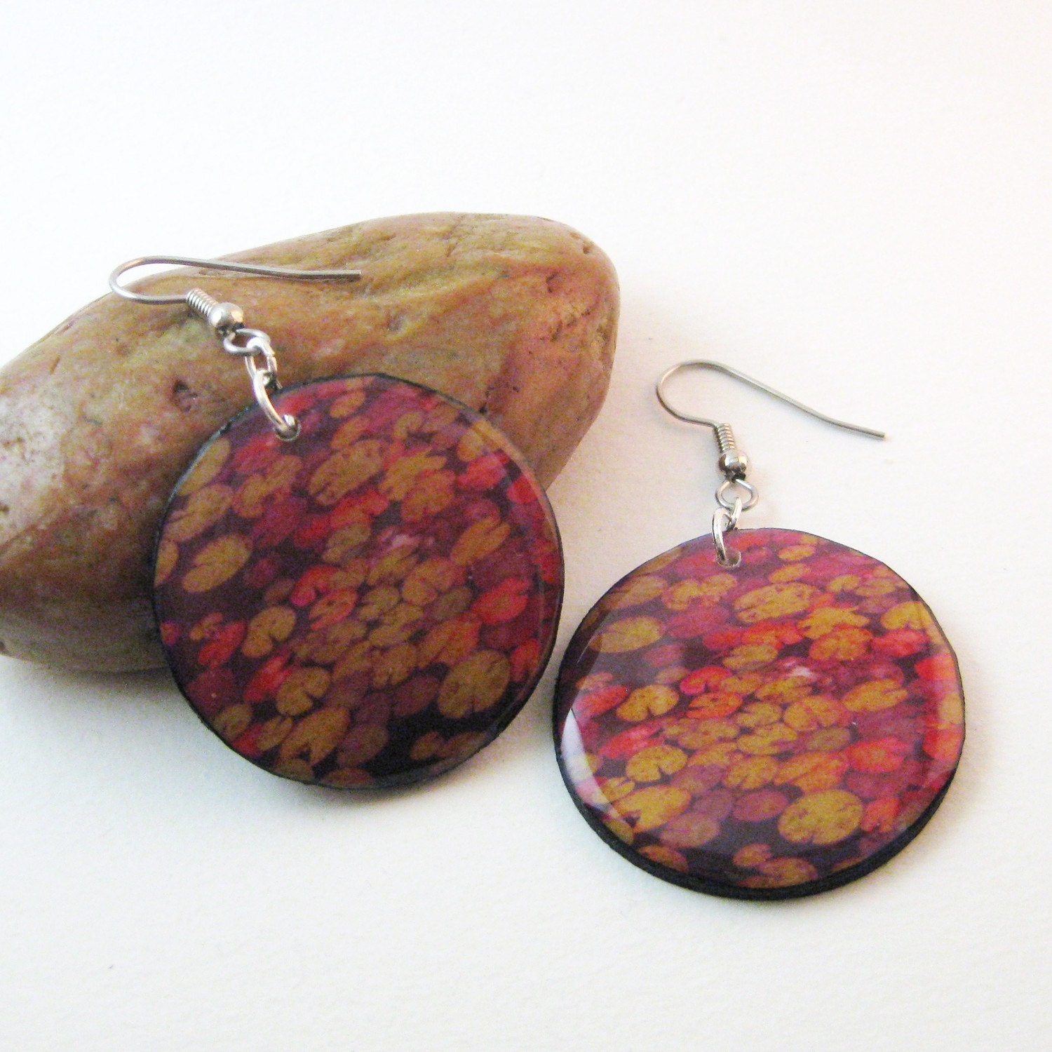 Lily Pad Large Circle Dangle Earrings - Photo Jewelry - Surgical Steel - Hypoallergenic - Lightweight