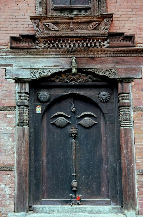 Buddha Eyes on Bhaktipur NEPAL Wooden Door - BLANK 5 X 7 NOTECARD frameable Art Photo with Free Origami Crane - Stationery Note