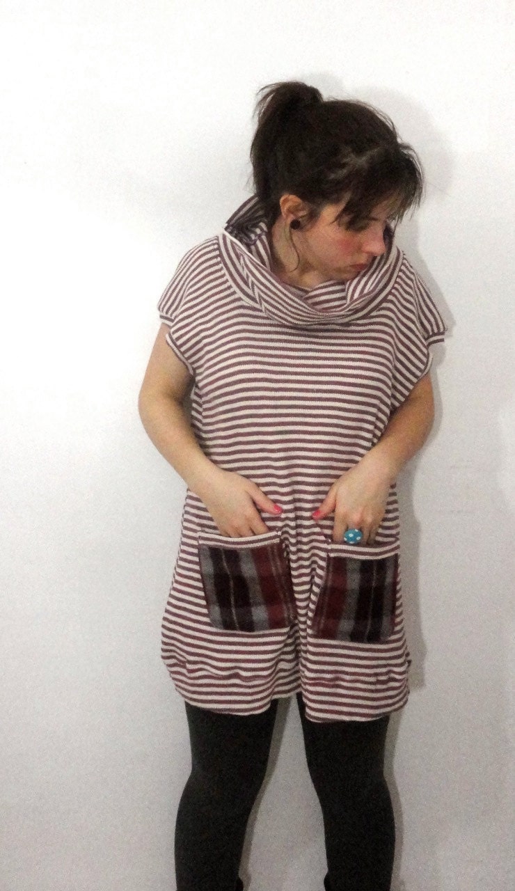 Womens Striped Tunic with Cowl and Local Vermont Wool Plaid Pockets Plum and Ivory XX Large by Nicoles Threads