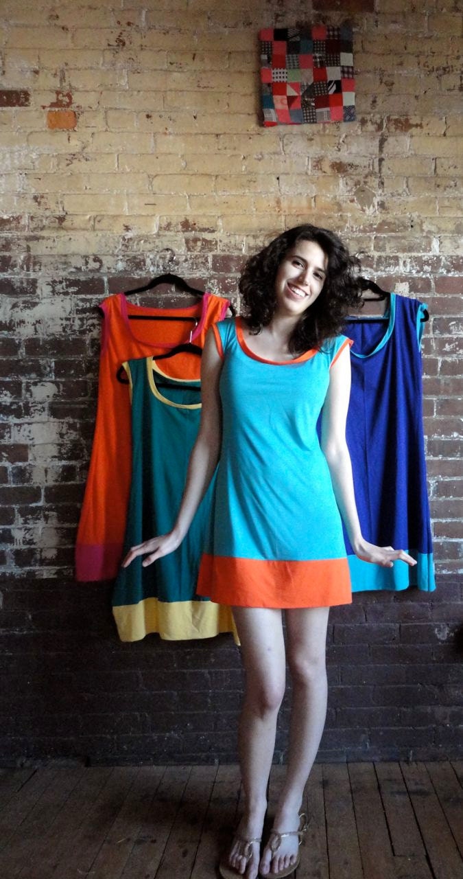 Womens Organic Cotton Jersey and Bamboo Rayon Dress in Aqua and Orange Neon Color Blocked// Made to order// by Nicoles Threads