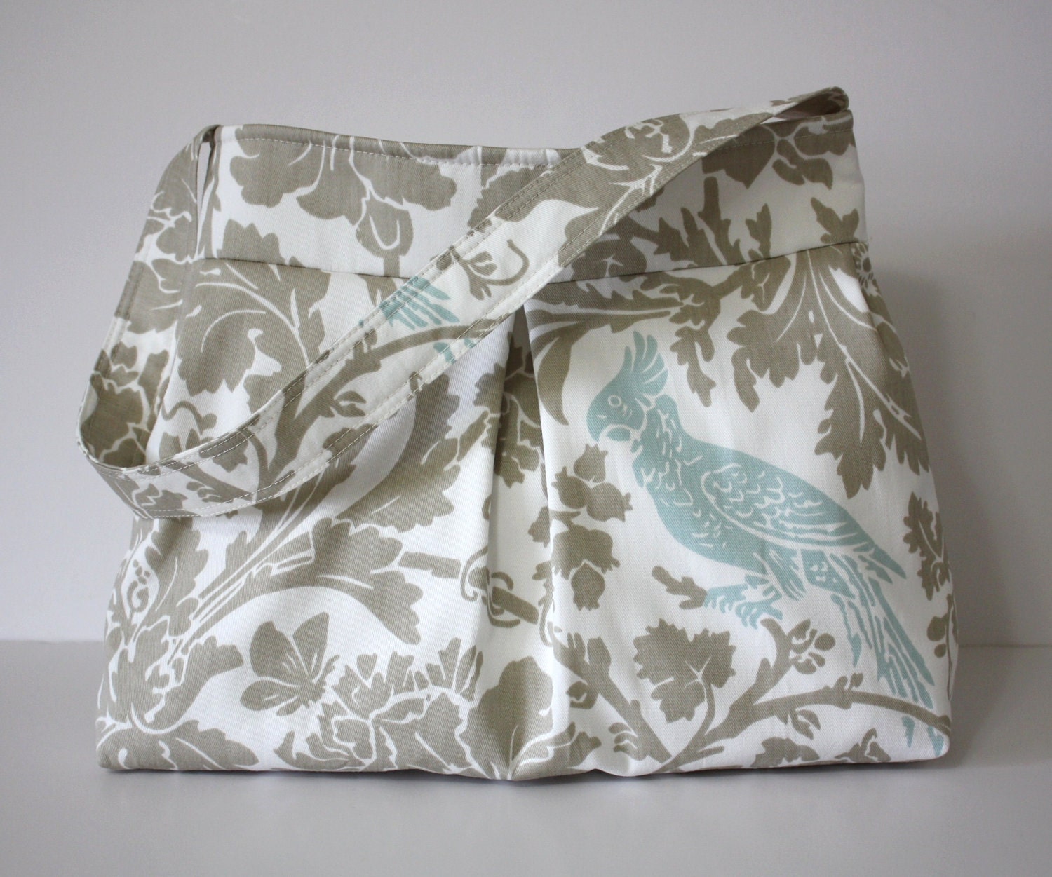 Taupe and White with Blue Parrot  Bird / Pleated Hobo Handbag