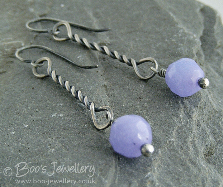Sterling silver and lavender earrings with an antiqued silver twist drop with jade faceted beads