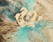 Turquoise & Ivory Vintage-inspired fabric hair piece...can also be used as a gift topper, corsage, brooch, photo prop.