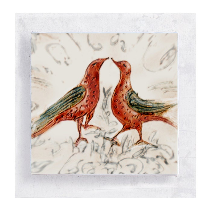 Lovebirds Art Block - 5x5 Canvas Print on Wood Frame - Kiss Me, You Fool - Bird Fraktur Folk Art - Wall Art - Home Decor
