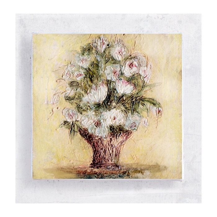 Flower Bouquet Art Block - 5x5 Canvas Print on Wood Frame - Heart Flowers  - Impressionist Style- Wall Art - Home Decor