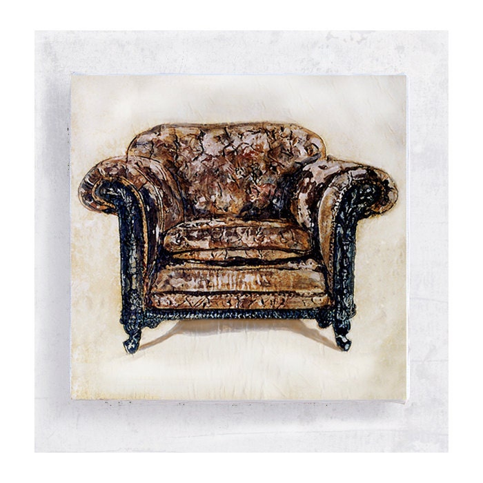 Big Brown Sofa Chair  on 5x5 Canvas Print Block -  Man's Best Friend - Furniture Still Life - Portrait - Wall Art - Home Decor