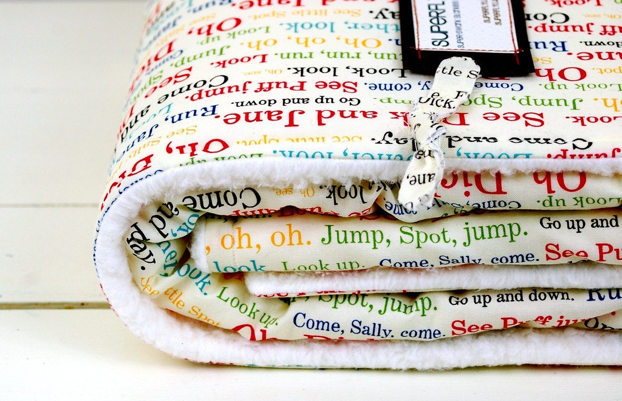 baby blanket, vintage-inspired dick and jane school reader, typophile and parent-friendly.