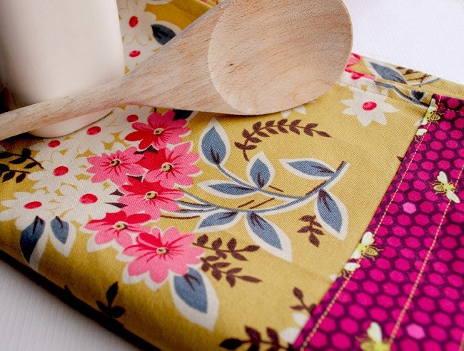 Yellow Flowery Tea Towel with Bees