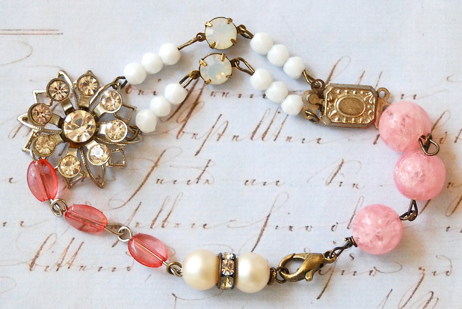 Vintage pink beaded old rhinestone charm bracelet...Margaret