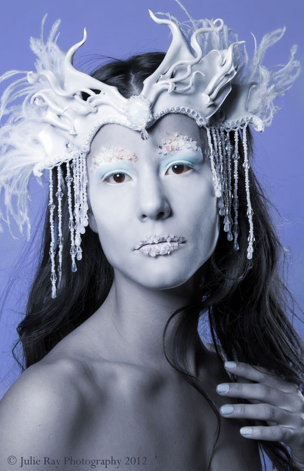 Snow Queen Leather Headdress with Beaded Jewels and Veil - Winter Crown, Bridal Headpiece