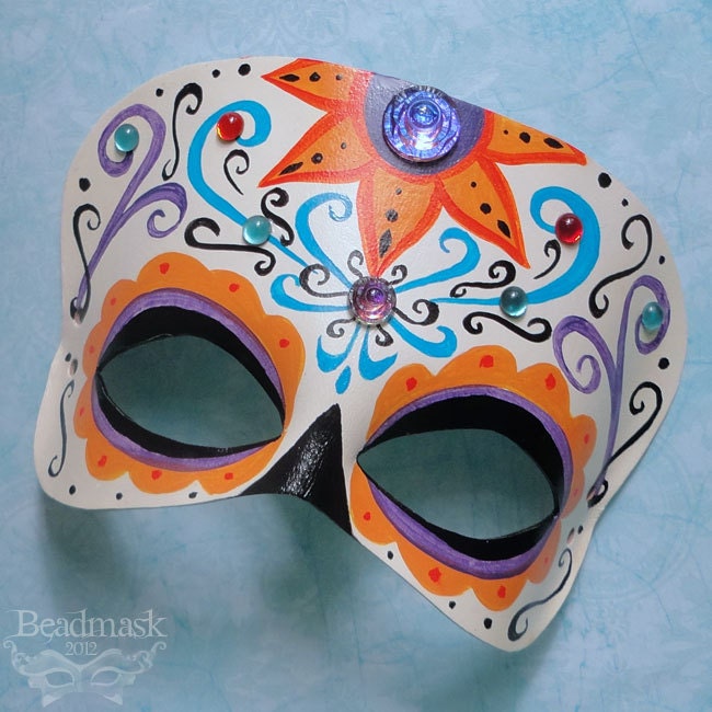 Reserved for Emily -- Calavera Leather Mask With Vintage Glass Stones - Dia De Los Muertos