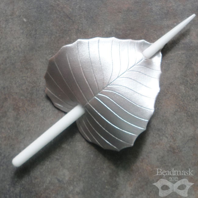 Silver Birch Leaf Leather Barrette Hair Stick Or Hair Slide in Silver And White