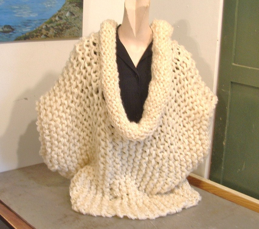 Slouchy cowl neck pullover art sweater "Polar Bear Homage" chunky handknit large to extra large plus
